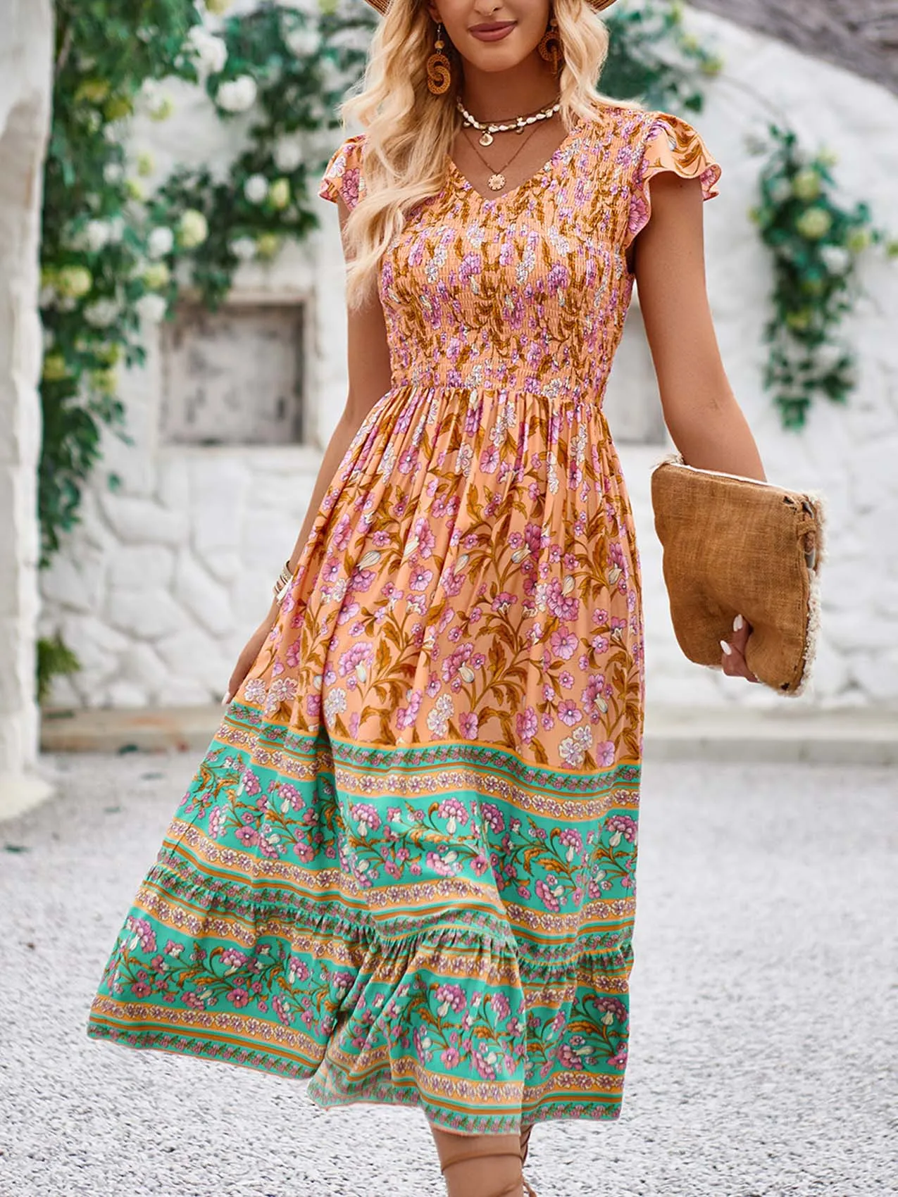 Vintage Long Dresses Women Boho Floral Print Dress Female Summer Short Sleeve Dress Ladies Casual Loose Pleated Beach Vestidos