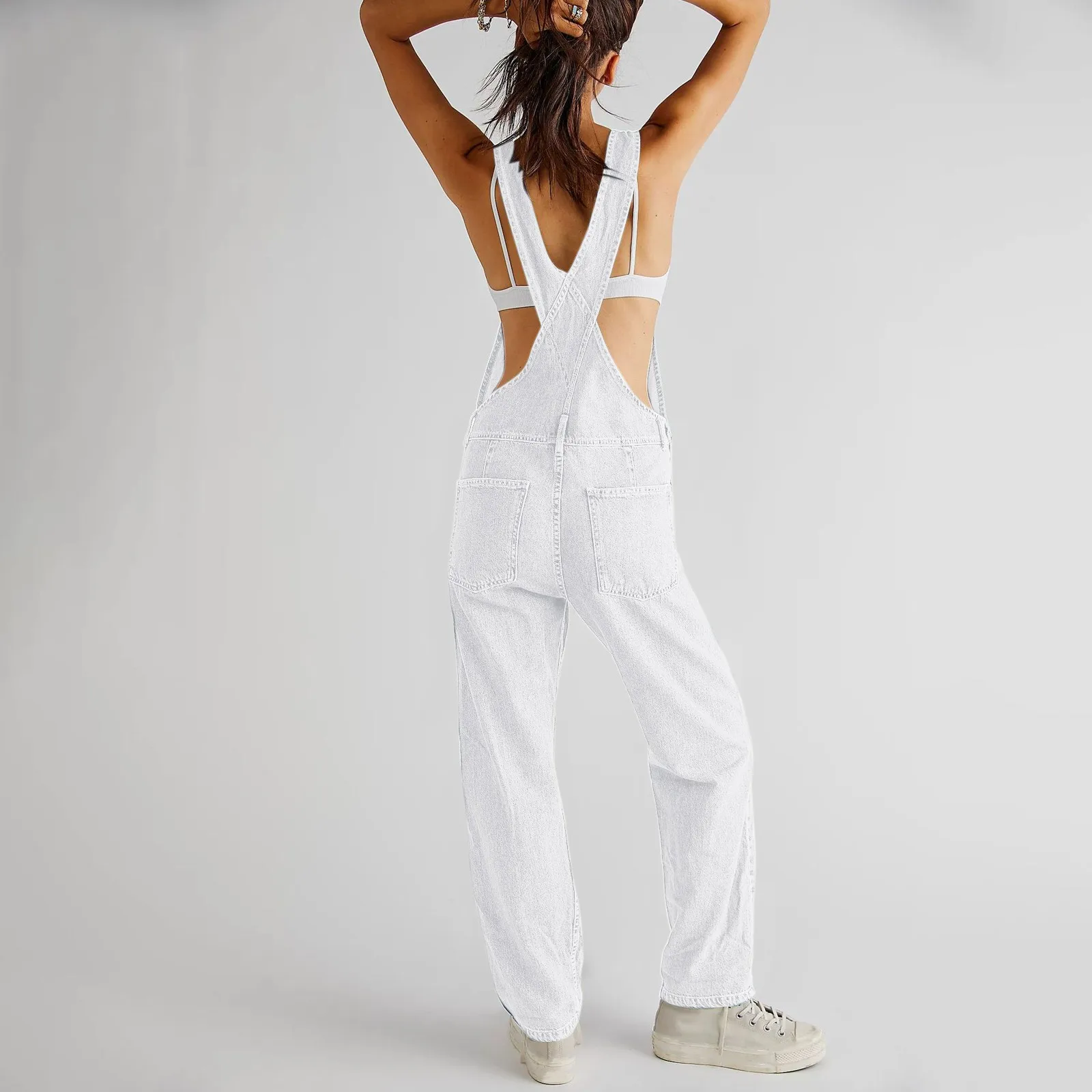 Damenmode einfarbige Jumpsuit-Taschen mit V-Ausschnitt und gewaschenen Jeans riemen verstellbare ärmellose Träger macacão feminino