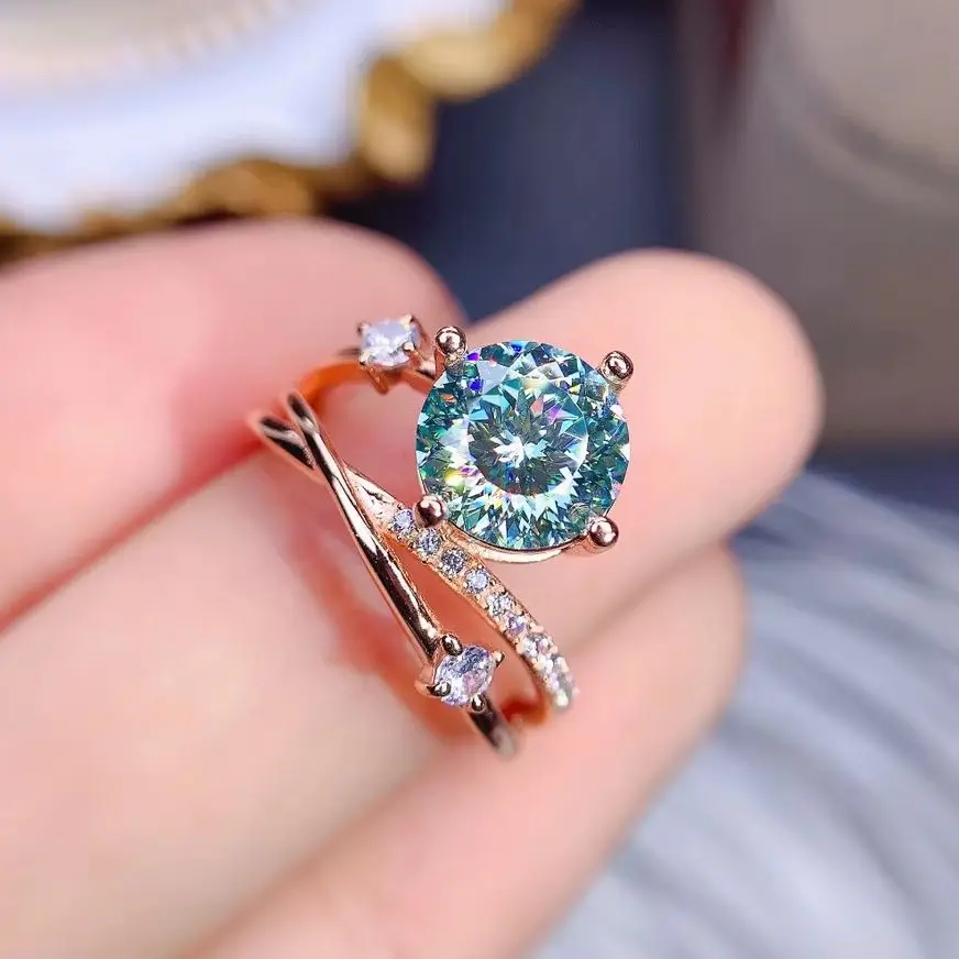 

Portuguese Cut 8mm 2ct D Color VVS1 Green Moissanite Engagement Wedding Ring 925 Sterling Silver Jewelry