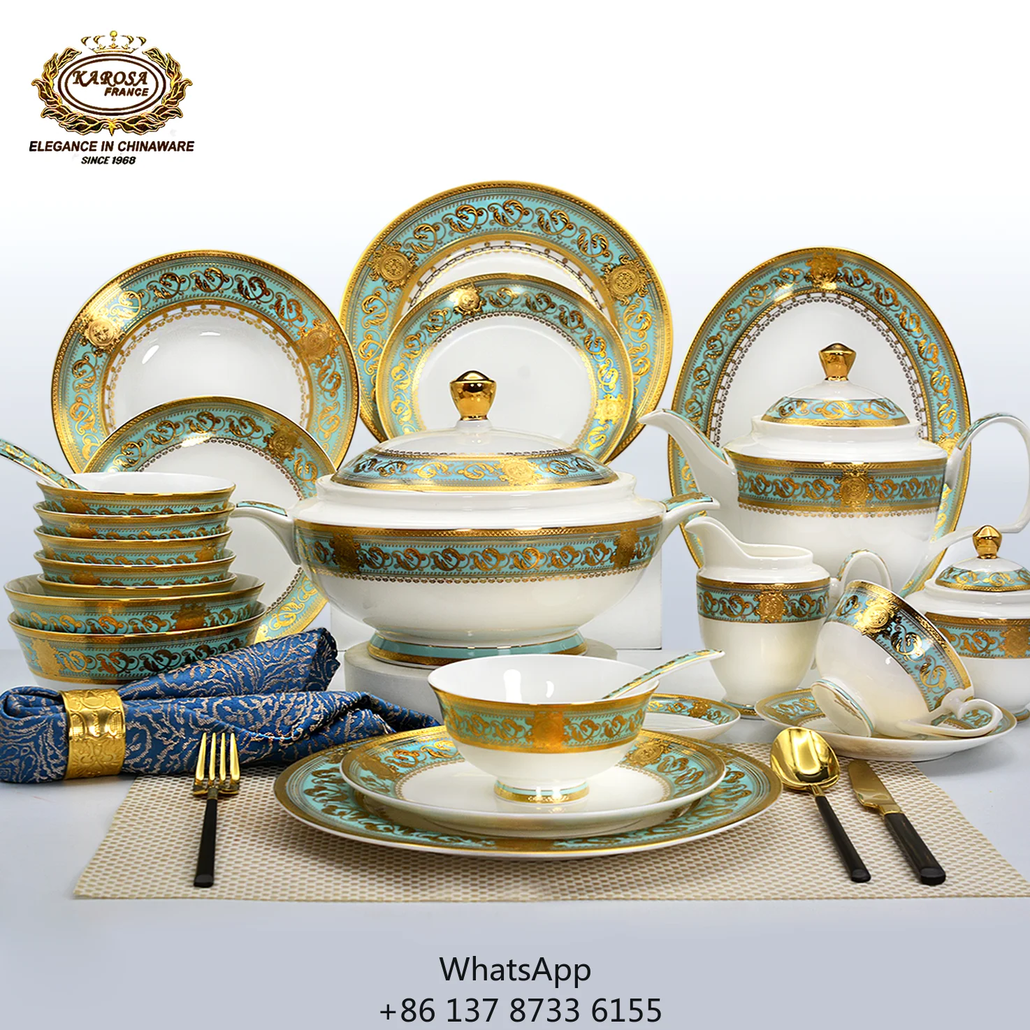 

98pcs Hot Sale High Quality Embossed Gold Dinner Full Set Luxury Plate Tableware Dish Sets