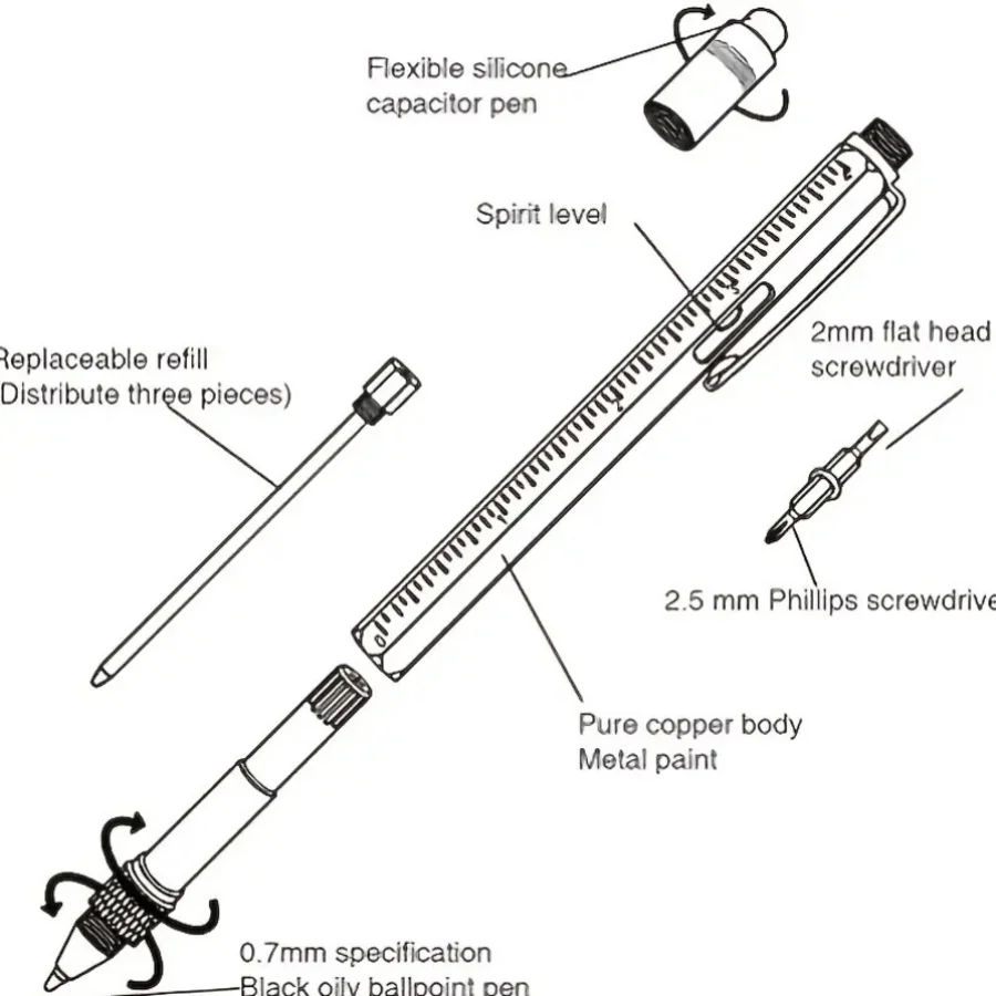أداة بناء قلم متعدد المهام 6 في 1، قلم أداة هدية، قلم متعدد التقنية مع قلم حبر جاف، مسطرة، قلم، مستوى، مفك براغي #5
