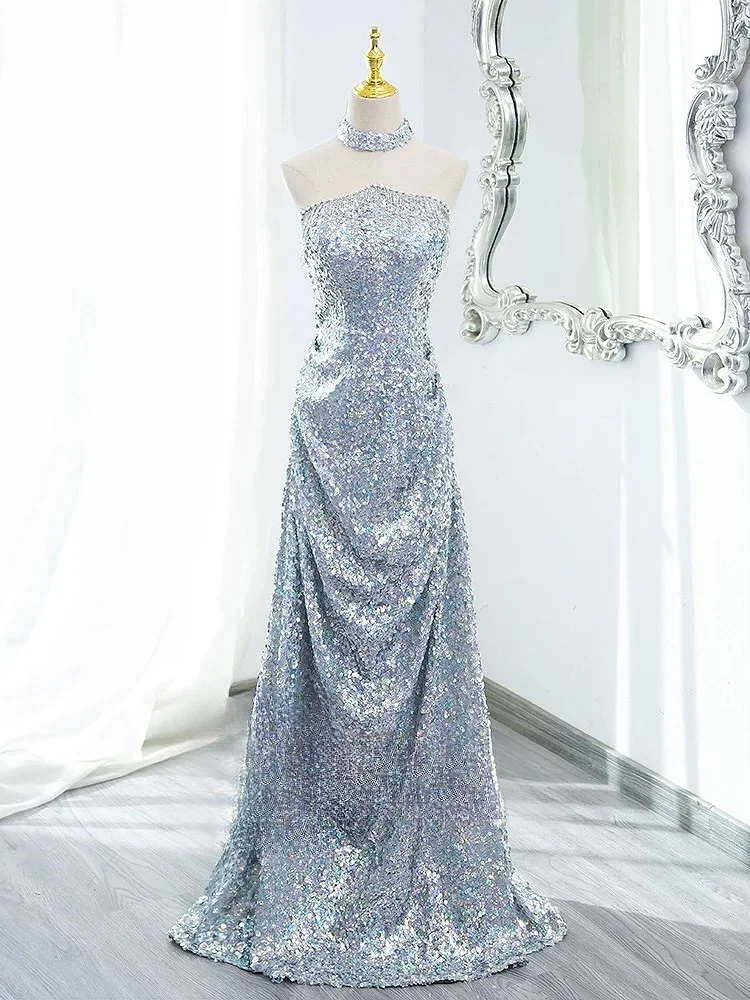 Luxury Elegant Evening Dress Strapless Exquisite Sequin Princess Party Niche Fashion Pleated Bow Shawl Design Long Prom Gown