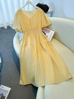 150Kg Plus Size Women's Bust 143 Summer Loose Gentle Style V-Neck Waist Cinched Dress Yellow 4XL 5XL 6XL 7XL 8XL