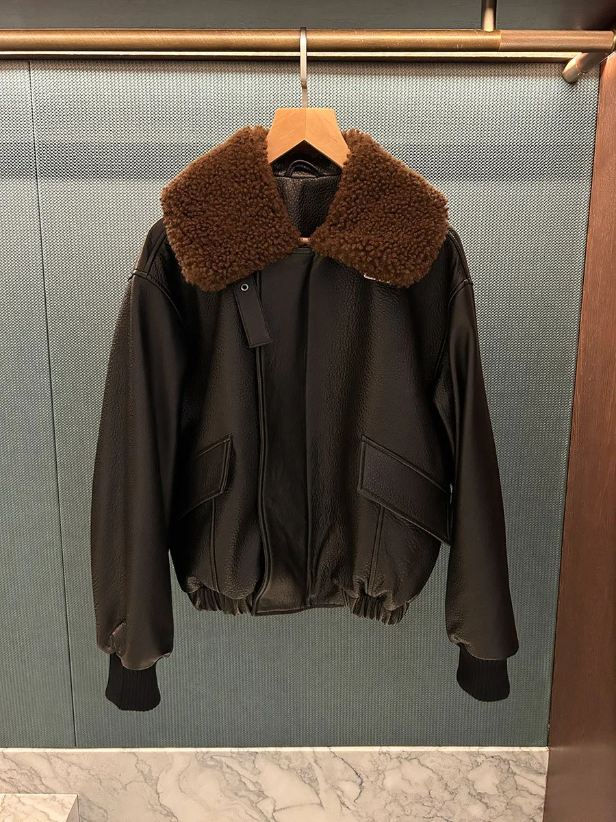 سترة طيار بياقة شيرلينغ على الطراز القديم مع بطانة من الفرو المتكامل #1