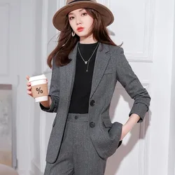 Lnsozkdg British Style Woolen Suit Straight Pants Sets Retro Casual Solid Color Single-breasted Wide-leg Two-piece Set Woman's