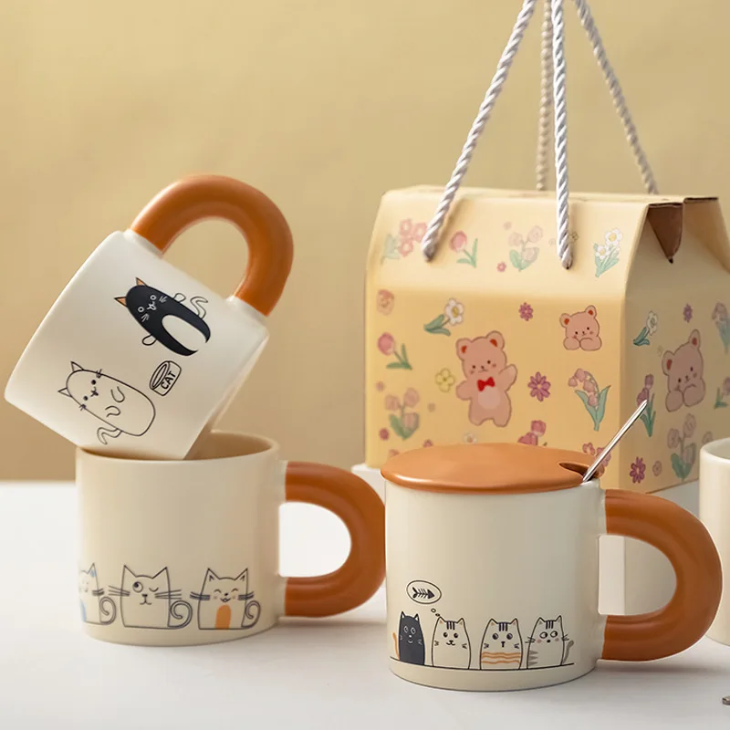 Ceramic Cute Cat Mugs With Spoon Coffee Tea Milk Animal Cups With Handle 420ml Drinkware Nice Gifts