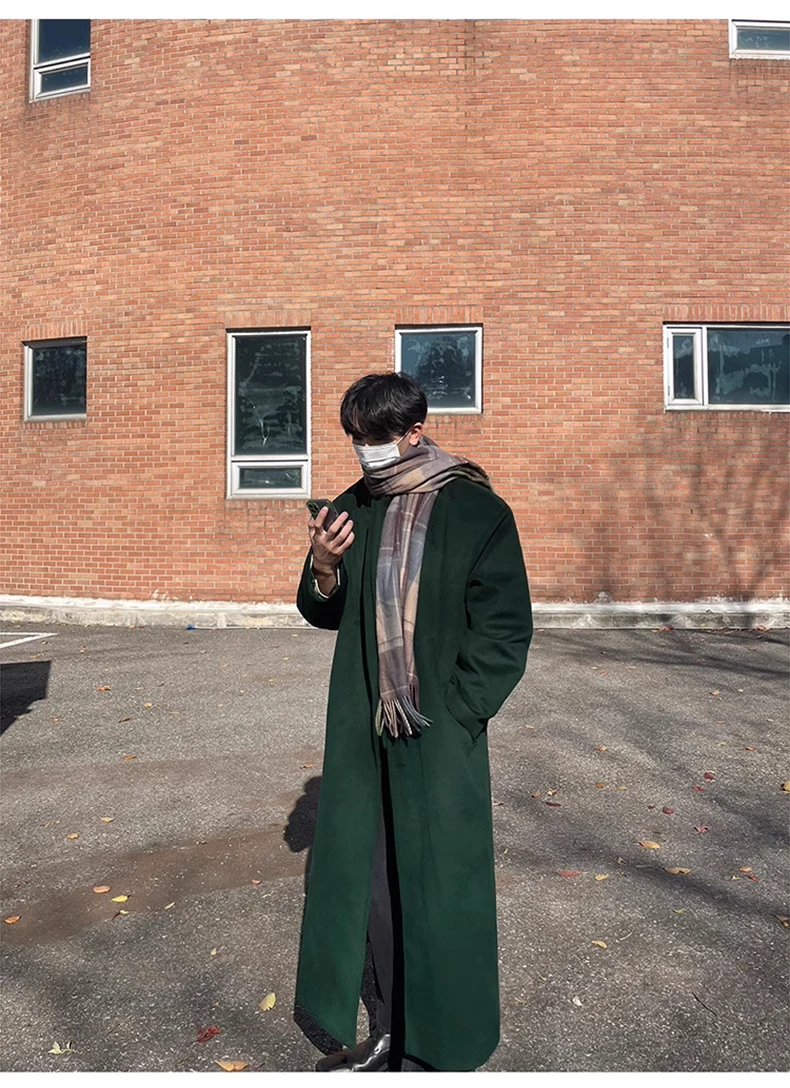 Mauroicardi Autumn Winter Long Warm Oversized Soft Dark Green Black Woolen Coat Men Loose Casual Korean Wool Blends Overcoat