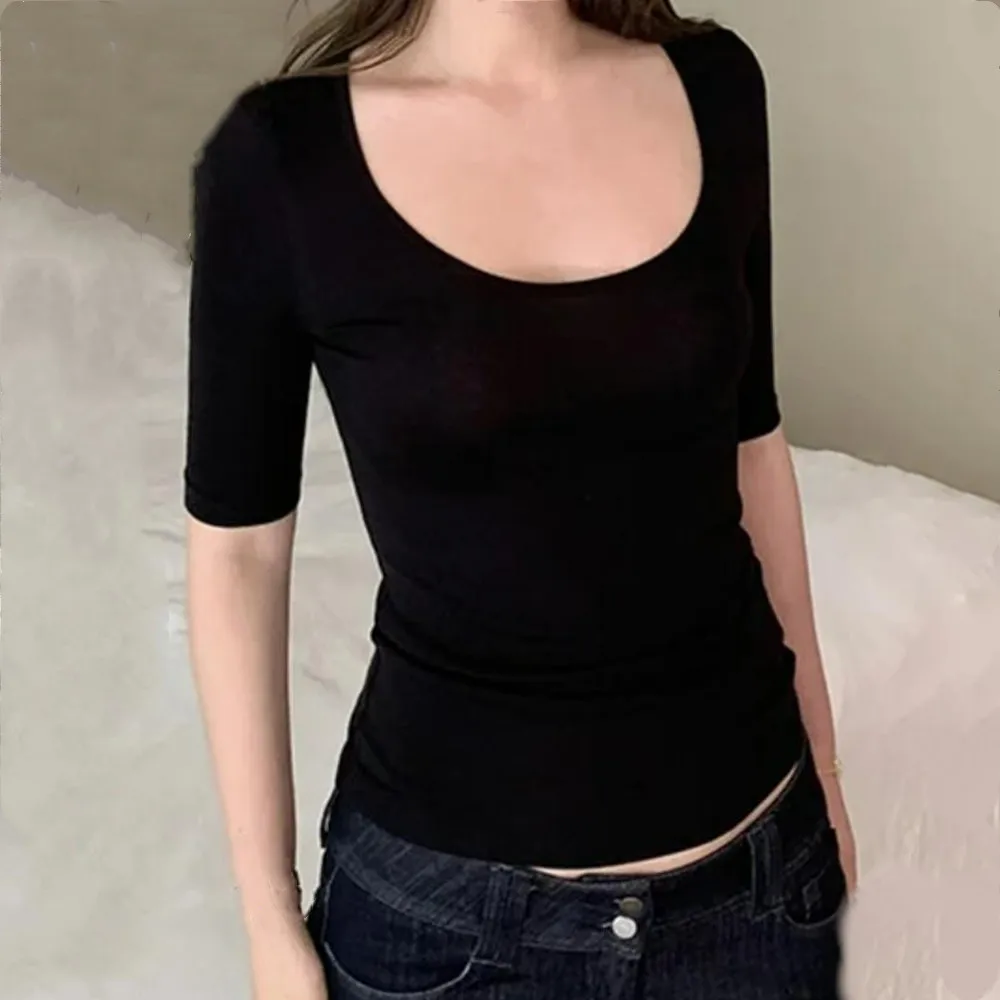 6 colors Sunscreen Plain Pullovers U Collar Half Sleeve T shirt Women Summer Tee Slim Fit T-shirts Crop Top White