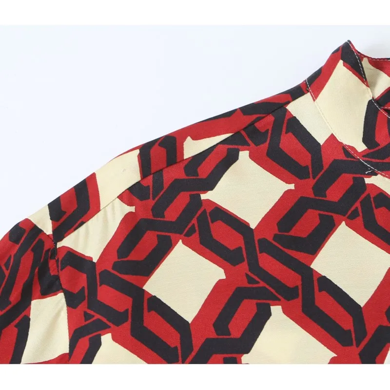 Women Splicing Printed Shirt Autumn Stand Neck Long Sleeve Buttons Asymmetry Hem Blouses Fashion Casual Female Vintage Chic Top image 4