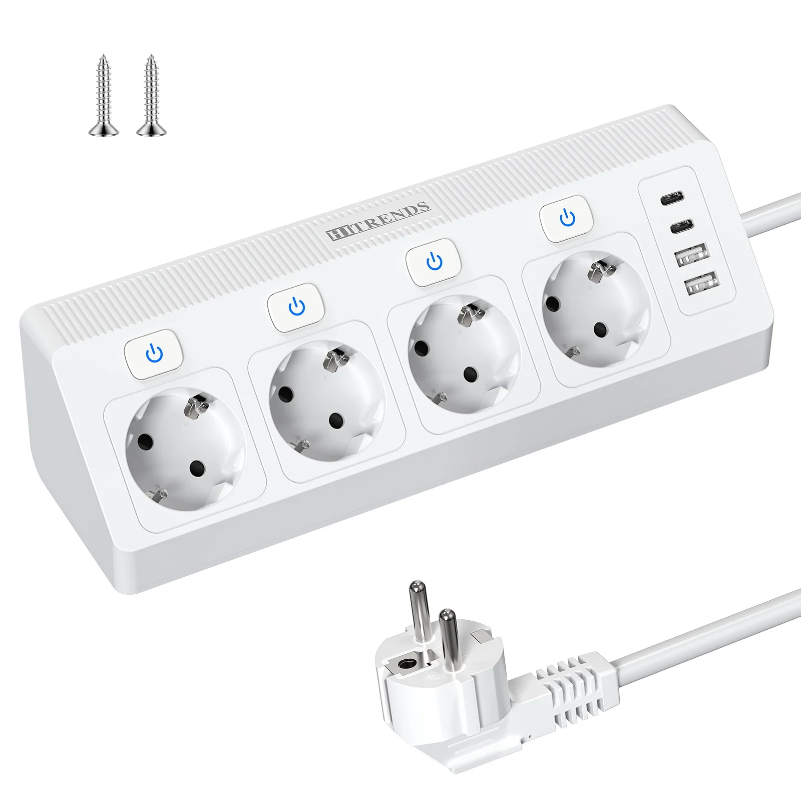 

4 Way Corner Socket with 2 USB C and 2 USB A, EU Plug Power Strip Individually Switchable, Table Socket Multiple Plug, 2m Cable