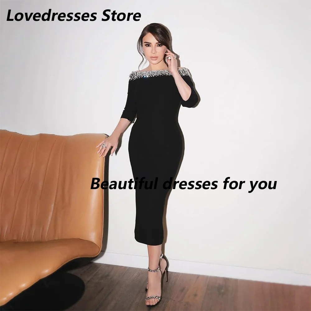 

Luxurious Prom Dress Crystal Off The Shoulder Half Sleeves Party Gowns Boat Neck Straight Jersey Evening Dresses Customized