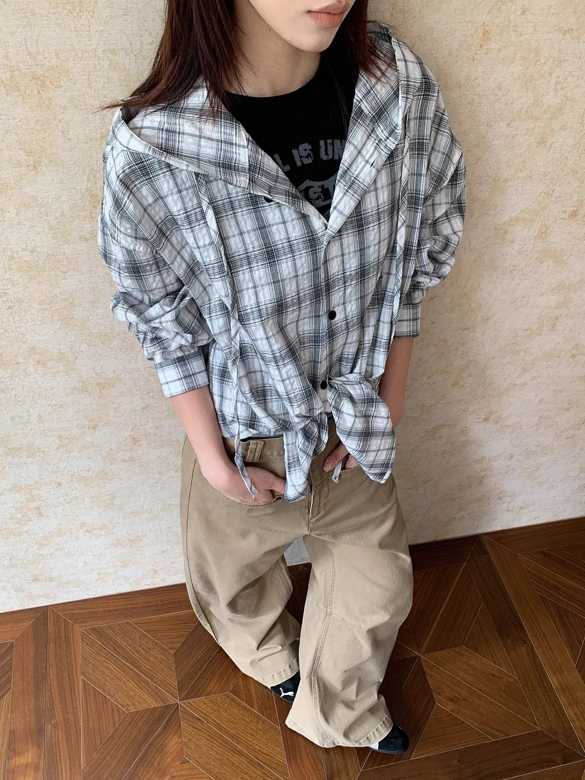 

ex Long Sve Plaid Hooded Sun Protection irt Loose Fit Breathable Polyester Casual irt Youth Faion Spring Autumn