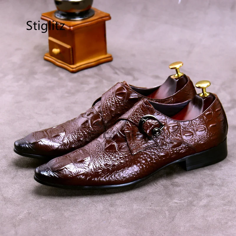 

Men's Genuine Leather Business Shoes British Style Handmade Office Elegant Male Social Shoes Crocodile Pattern Wedding Shoes