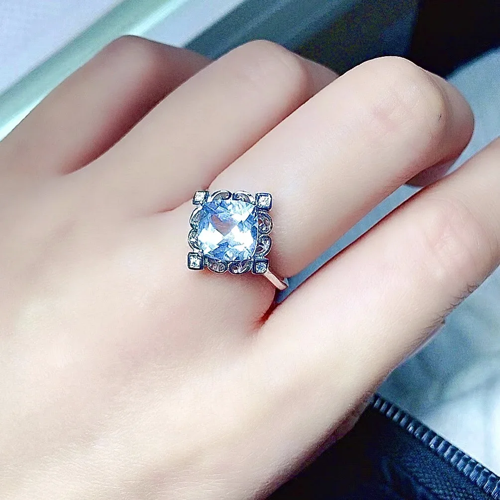 

Кольцо с голубым топазом 2 карата, 8 мм * 8 мм, серебряное кольцо с натуральным топазом VVS для вечеринки, белое золото 18 карат, серебряные украшения