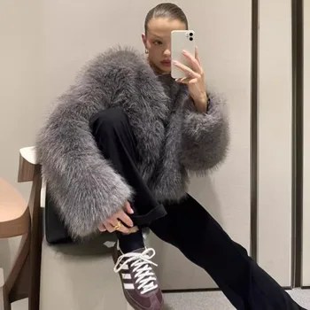 Image 2024 Brand Faux Fur Coat Women Fluffy Soft Short Fox Fur Coat Autumn Winter Thickened Plush Jacket abrigo piel abrigos peludos