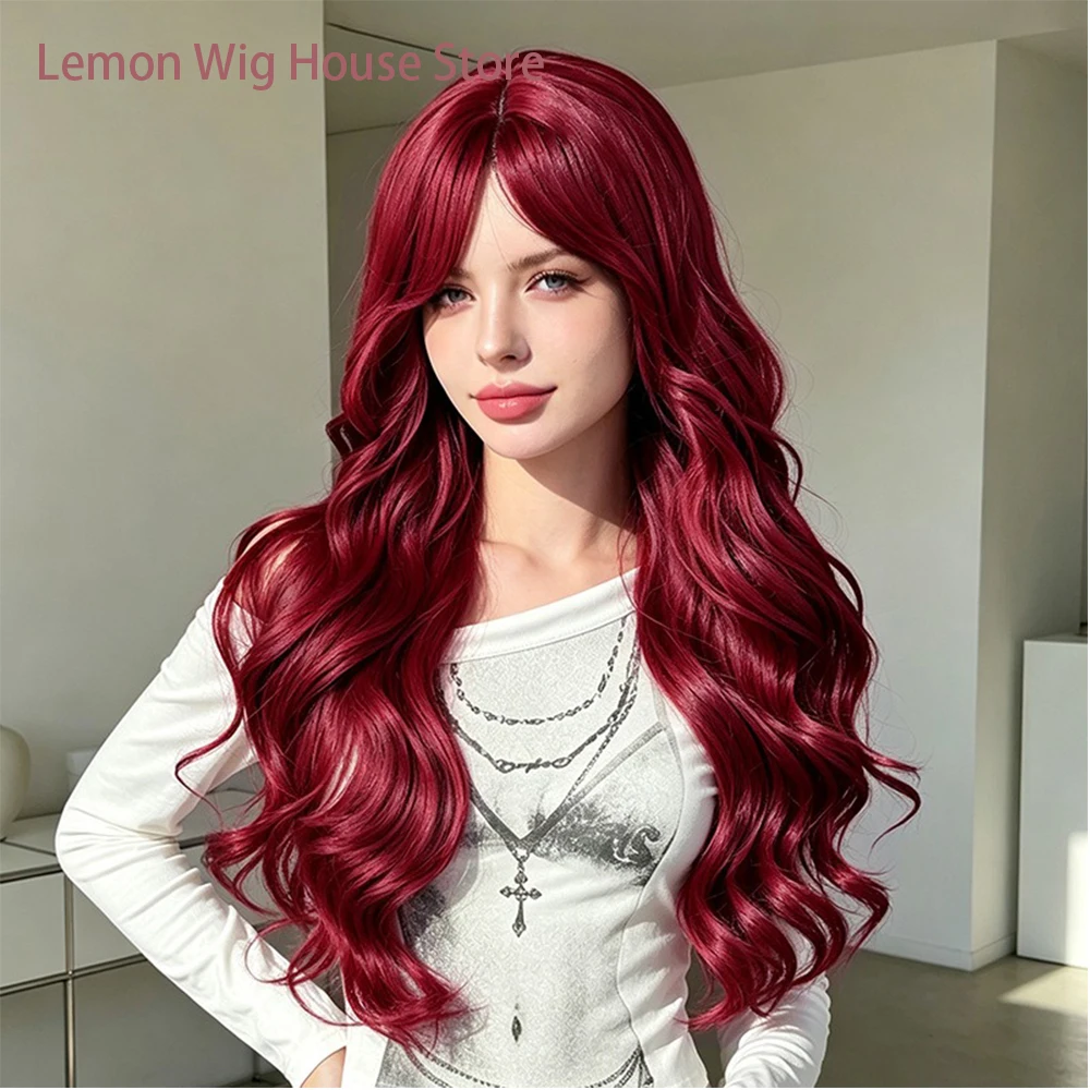 Long Wavy Burgundy Wine Red Fiber Wig for Women Daily Use Synthetic Hair Lolita Cosplay Wig Halloween Costume Anime Wigs 가발