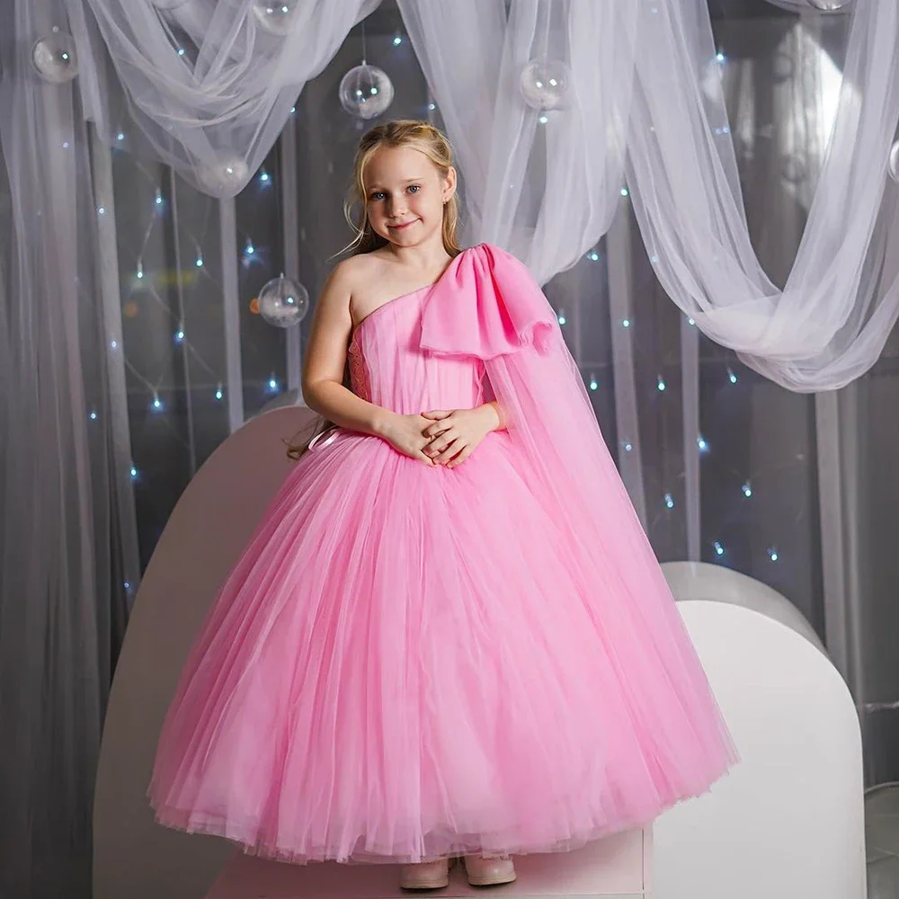 One-shoulder Bow A-line Pink Cute Princess Flower Girl Prom Dresses Kids Party Gown Pageant Dress 2025 First Communion