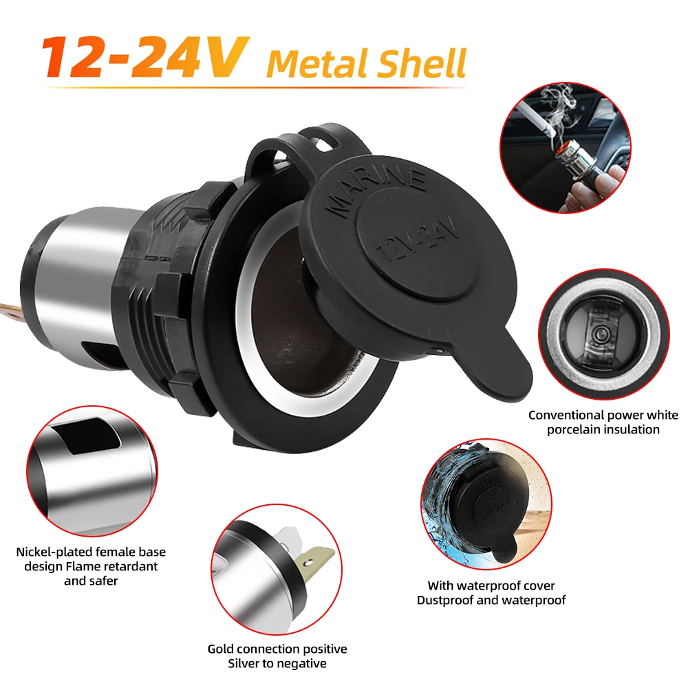 12V/24V Auto Car Motorcycle Cigarette Lighter Power Plug Socket with Waterproof Cover Case For Motorcycles Boats Mowers Cars