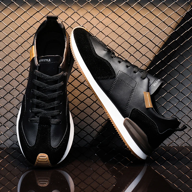 New Men Leather Running Shoes Lightweight Non-slip Sneakers Fashion Male Casual Comfortable Lace Up Walking Tenis Shoes
