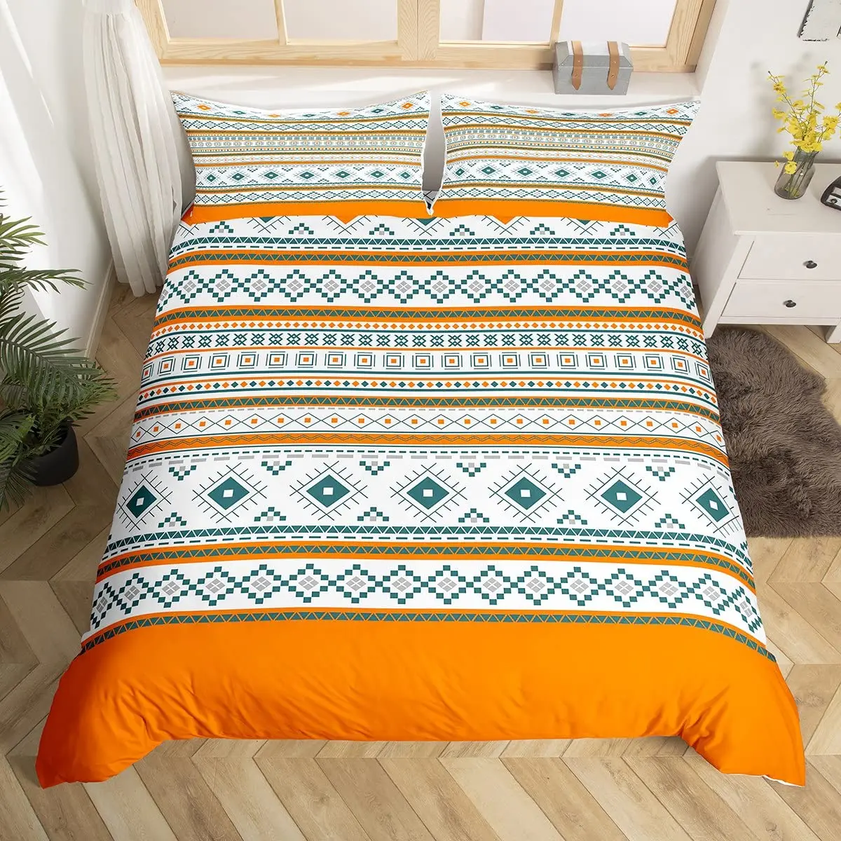 Bohemian Aztec Bedding Set Western Duvet Cover Orange Boho Exotic Comforter Cover Cowboy Cowgirl Tribal Geometric Quilt Cover