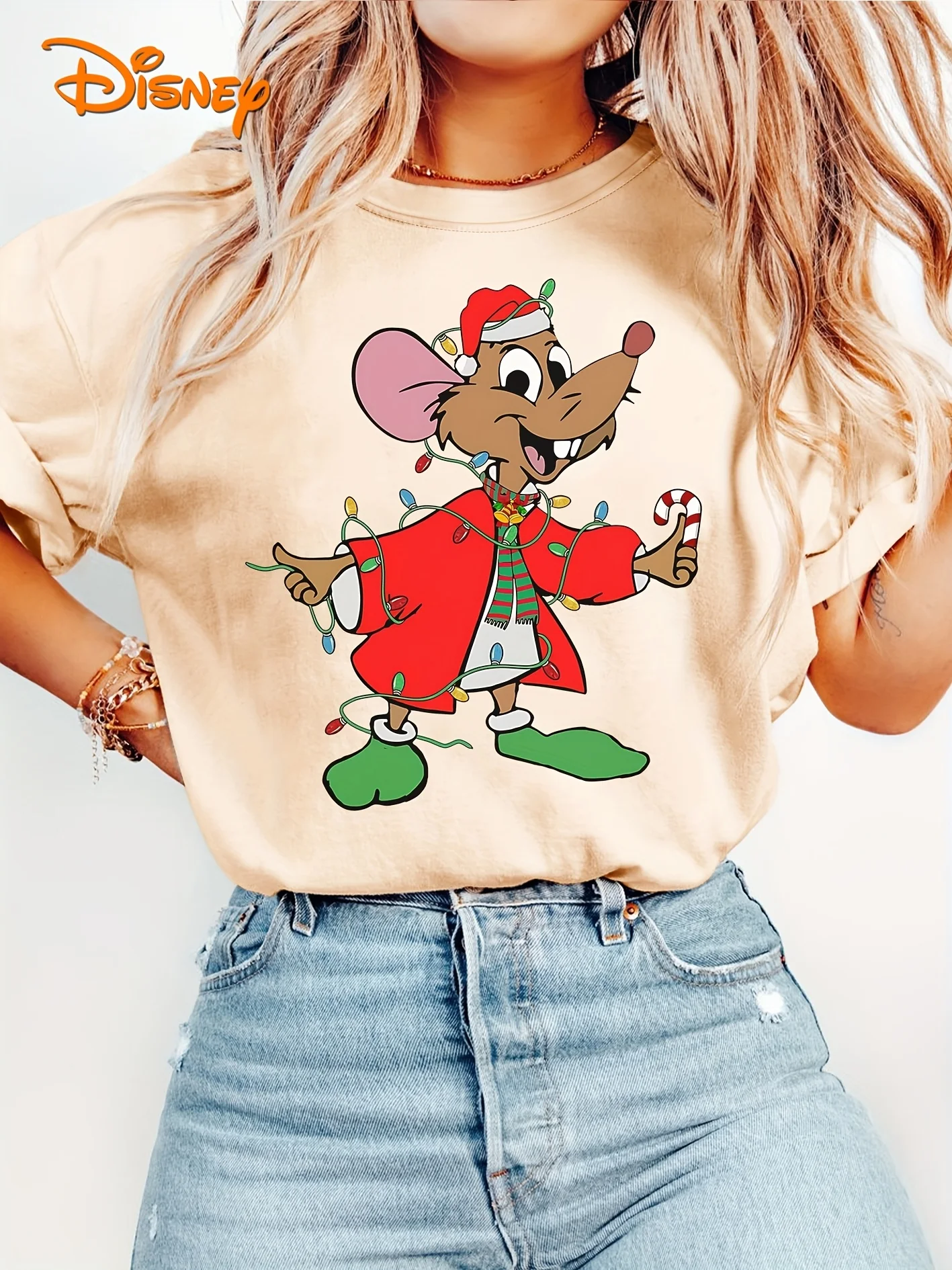 

Disney Ladies' Christmas Short Sleeved Top, "Cinderella" Jack with Christmas Hat Light Print, Soft and Elastic Round Neck Casual