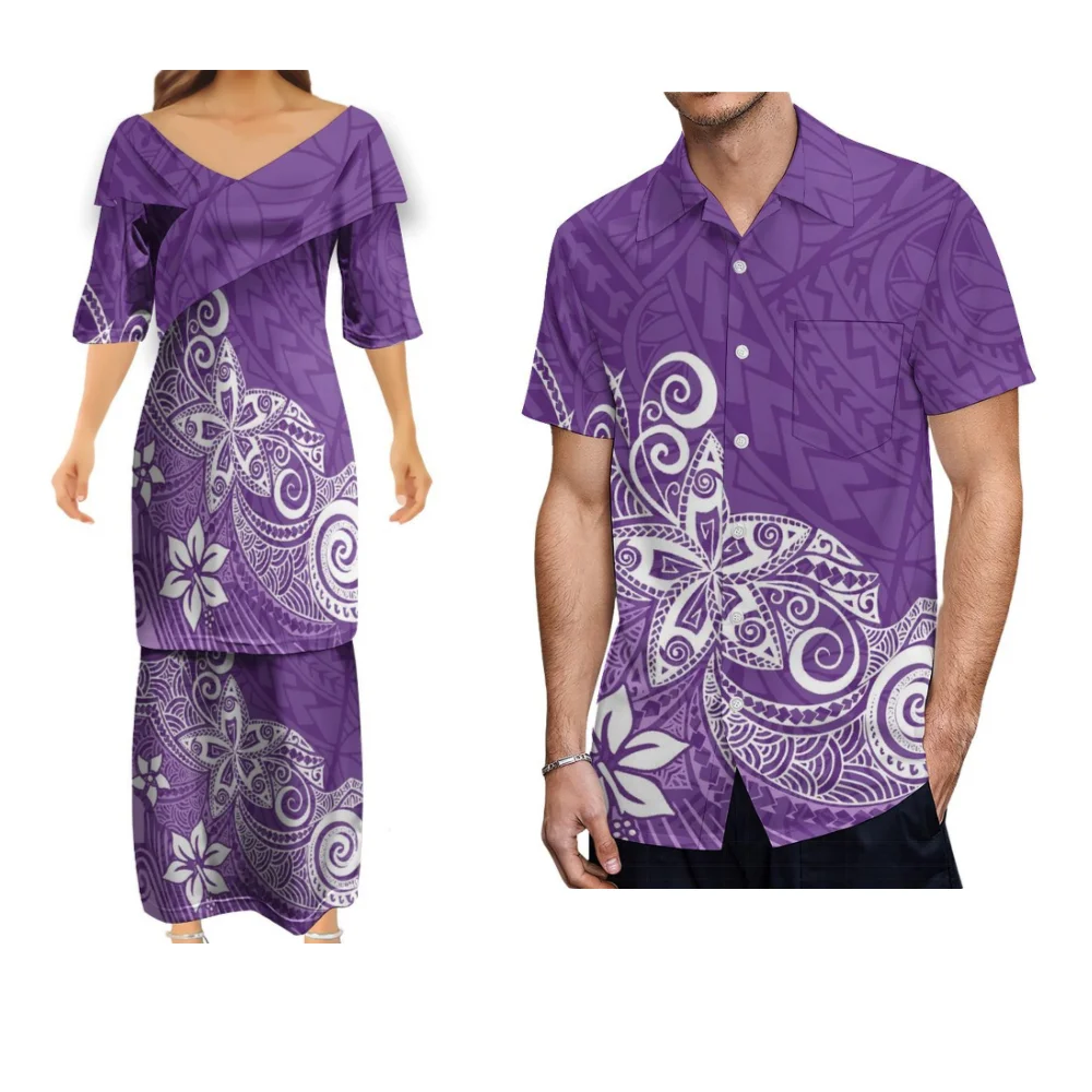 폴리네시안 풀레타시 연꽃 잎 V넥 맥시 사모아 섬 원피스, 커스텀 하와이 남성 셔츠, 커플 매칭 세트 