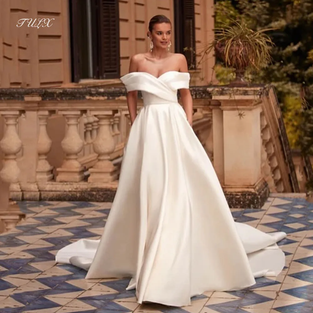 تولكس فساتين زفاف فاخرة من الساتان العاجي رقبة على شكل V قبالة الكتف زي العرائس خط سويب تراين فيستدوس دي نوفيا مخصص