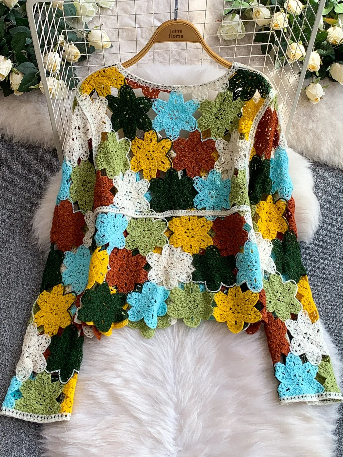 n Vaion Sle Long Sve V-Ne Hollow out Gestrickte Sonnenschutz-Oberbekleidung Damen Herbst Surprising Color Top