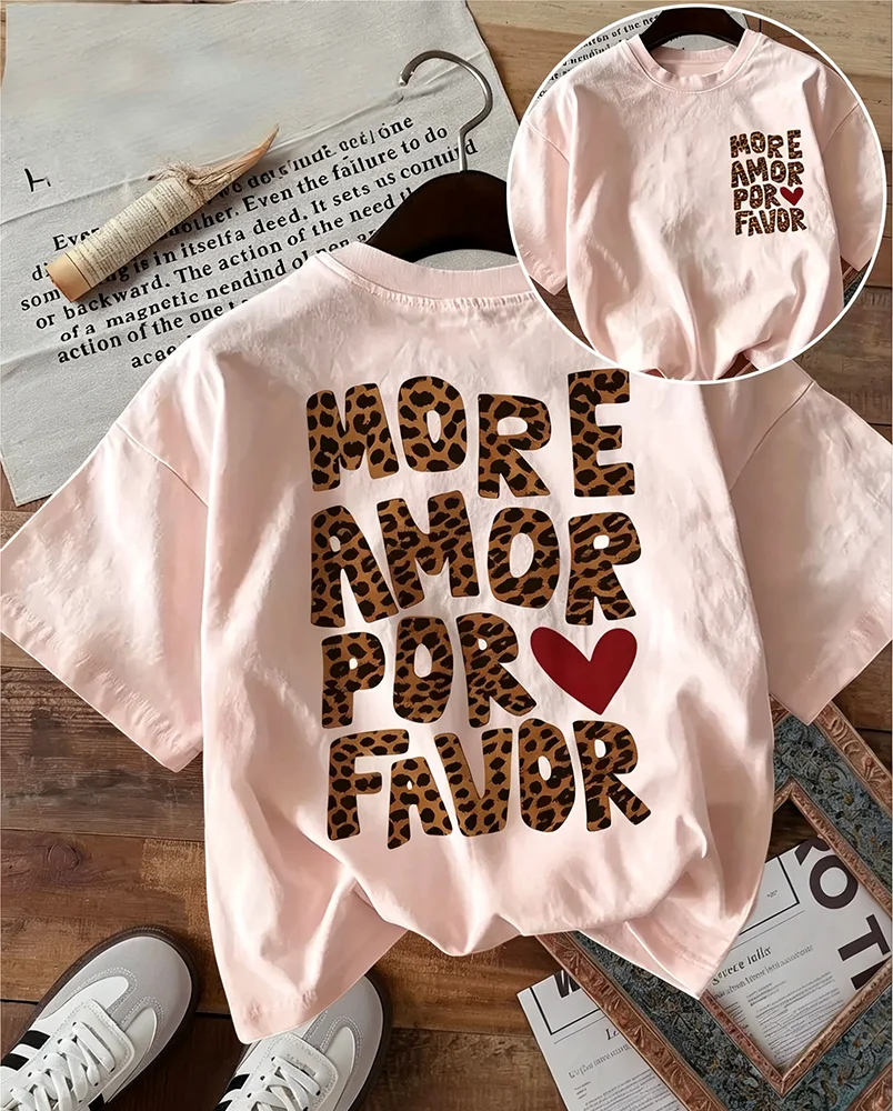 Funny Leopard Heart Graphic Spanish Quote More Amor Por Favor T Shirt Unisex Harajuku Streetwear Loose Summer Short Sleeve Tops
