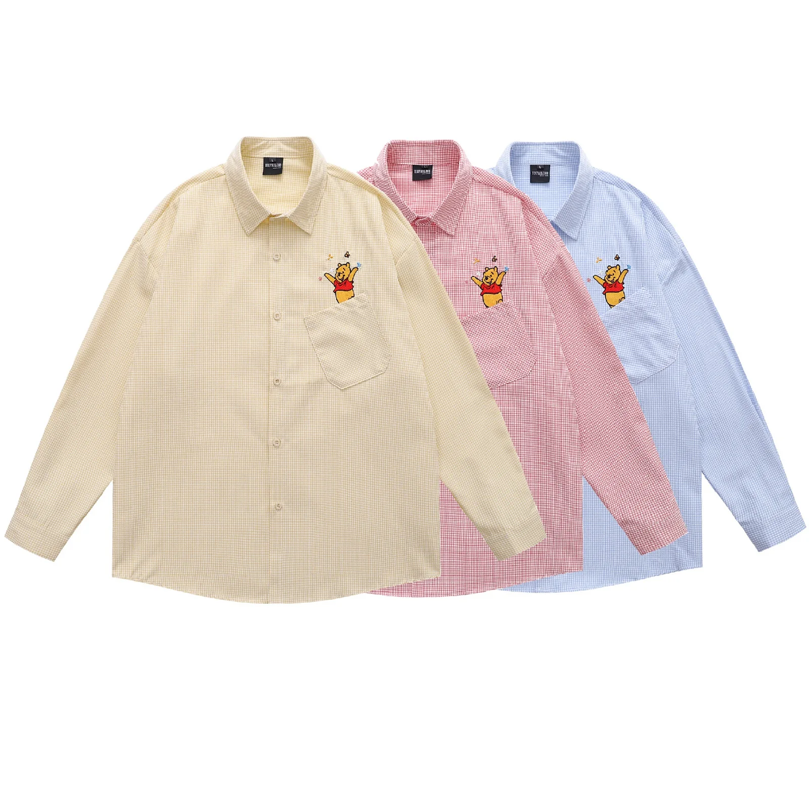 American Retro Fun Cartoon Embroidered Plaid Long Sleeve Shirt for Women Loose Casual Versatile Couple Shirt Jacket for Autumn