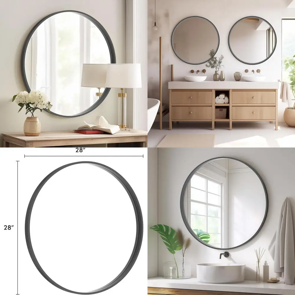 

28-дюймовое круглое настенное зеркало в деревянной рамке для декора ванной комнаты, туалетного столика и гостиной