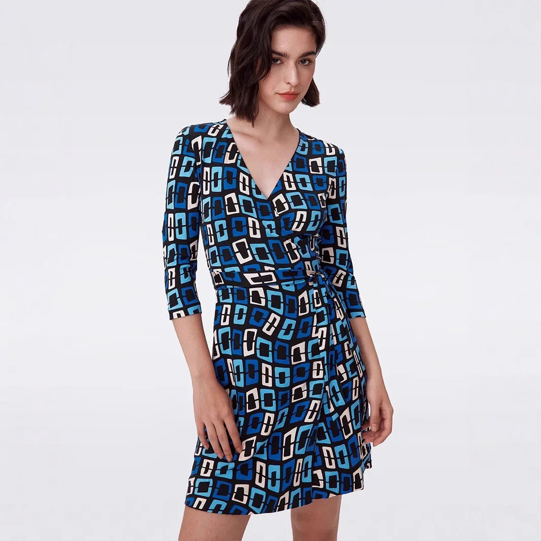 

Ele Blue Chain Print Wrap Dr without Collar Seven Sve Bodycon Skirt Split mid Waist Summer Faion Women's Dr