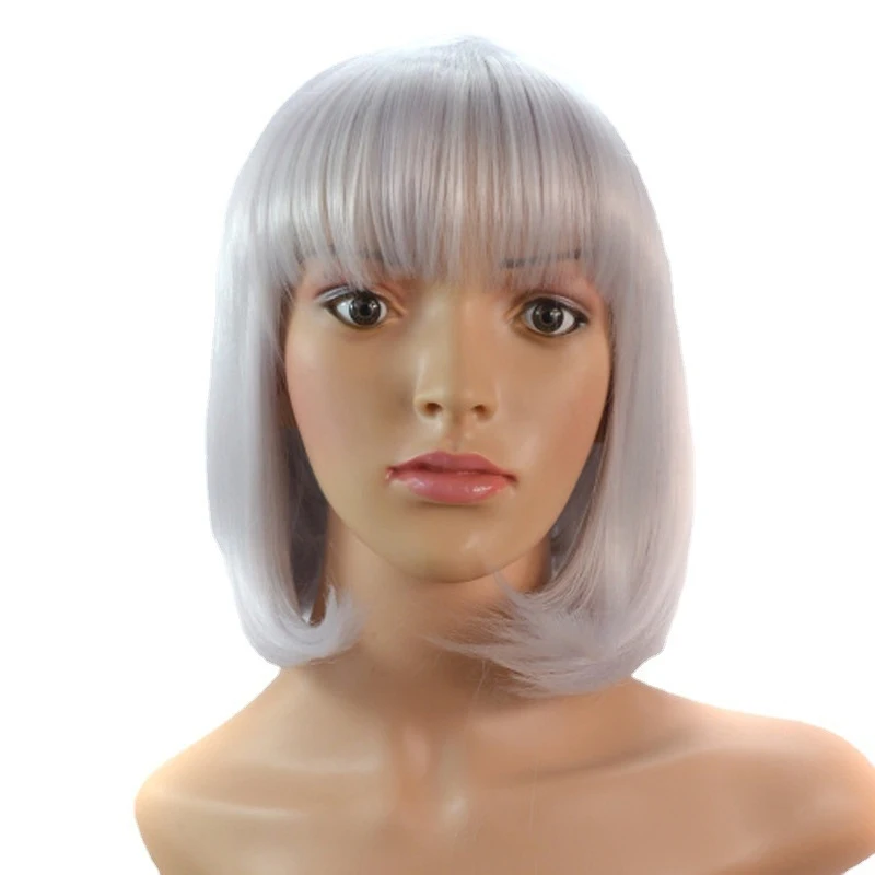 Cap: Fashionable Short Bob Wig with Straight Bangs for Women in Silver White