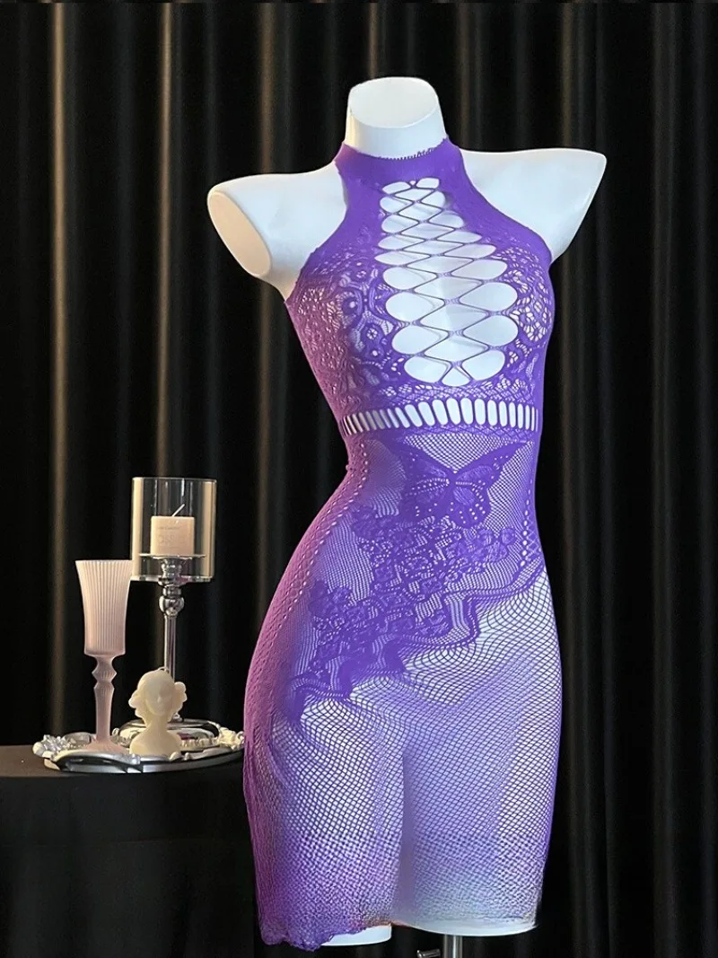 

Tear-Tear Le Yu Net Butterfly Lace See-Through Nightgown,Seductive Hollowed-Out Tight-Fitting Dress for Women,Pure Desire Style