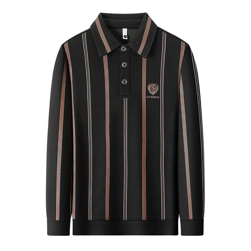 Men's Autumn High Quality Long Sleeves Polo Shirt Lapel Button Diamond Inlaid Stripe Best Seller T-Shirt Leisure Men's Clothing