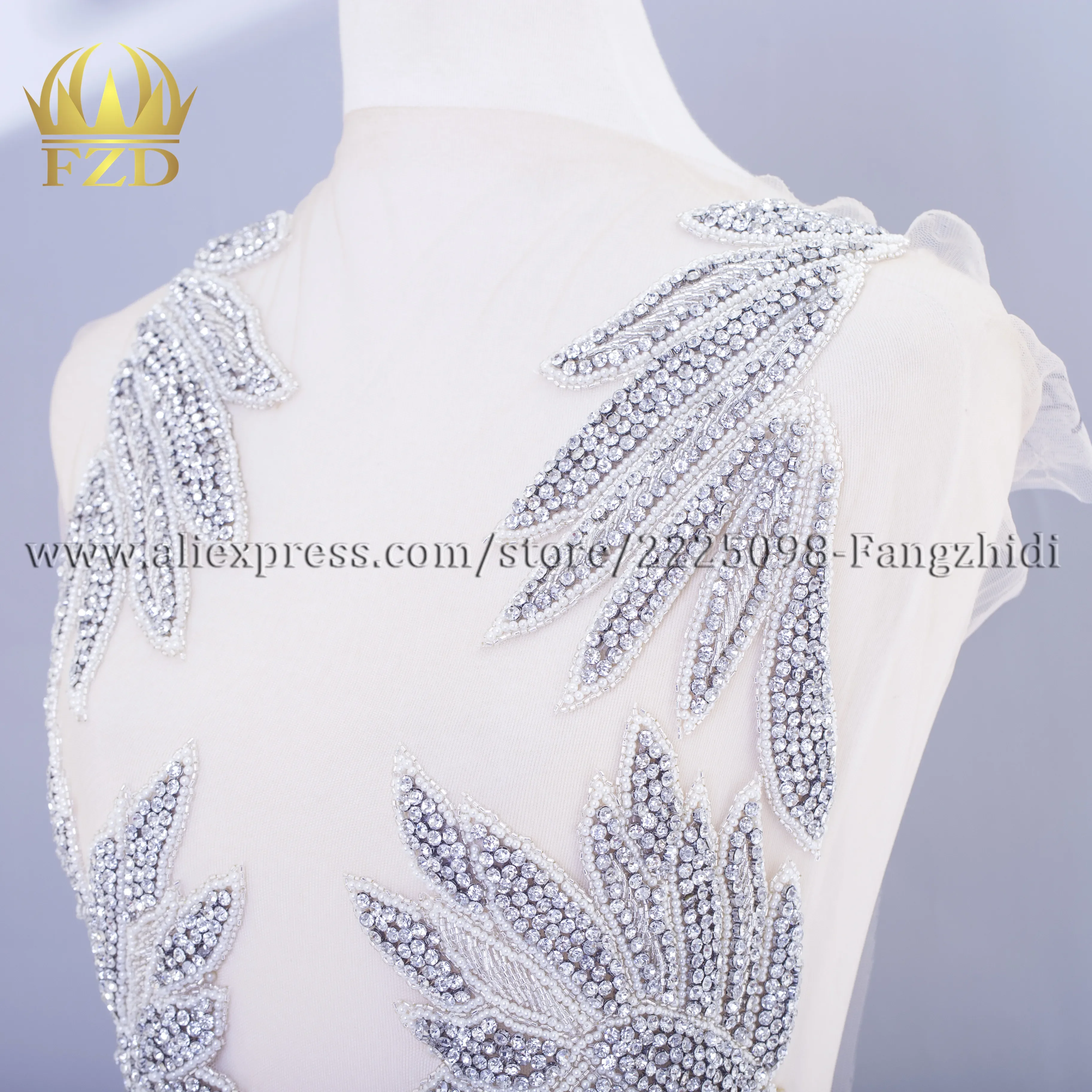 FZD 1 Set Handmade Sew on Rhinestone Front and Back Bodice Bridal Patch Dress Patch Body Applique for Show Costume Sewing