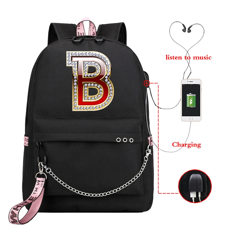 Diamond 26 Alphabet Women Backpacks School Backpack for Student Bookbag Bagpack Female Girls Kawaii Laptop Book Pack Mochilas