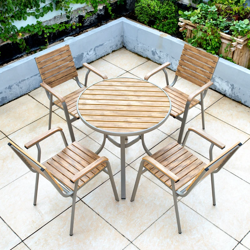 

Modern Outdoor Restaurant Furniture Set Teak Plastic Wood Round Balcony Bar Patio Table And Chairs