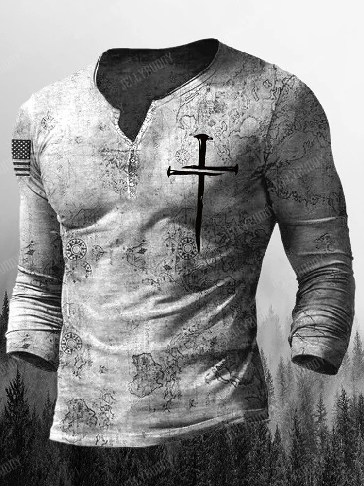 

Men Vintage Map Print T-Shirts Cross Pattern V Neck Long Sleeve Retro Casual Pullover Tops American Flag Autumn Streetwear Tees