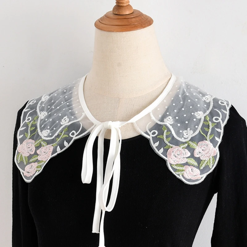 False Collar Dickey Collar Pink Rose Embroidery Collar Venise Lace Up Neckline Easy To Wear Detachable Collar Women