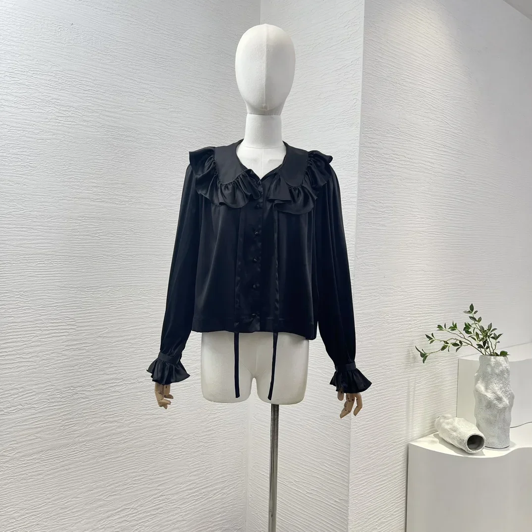 Beige Black  Women Ruffles Shirt 2024 New Spring Summer Fashion High Quality Silk Long Sleeve Button Blouse Tops