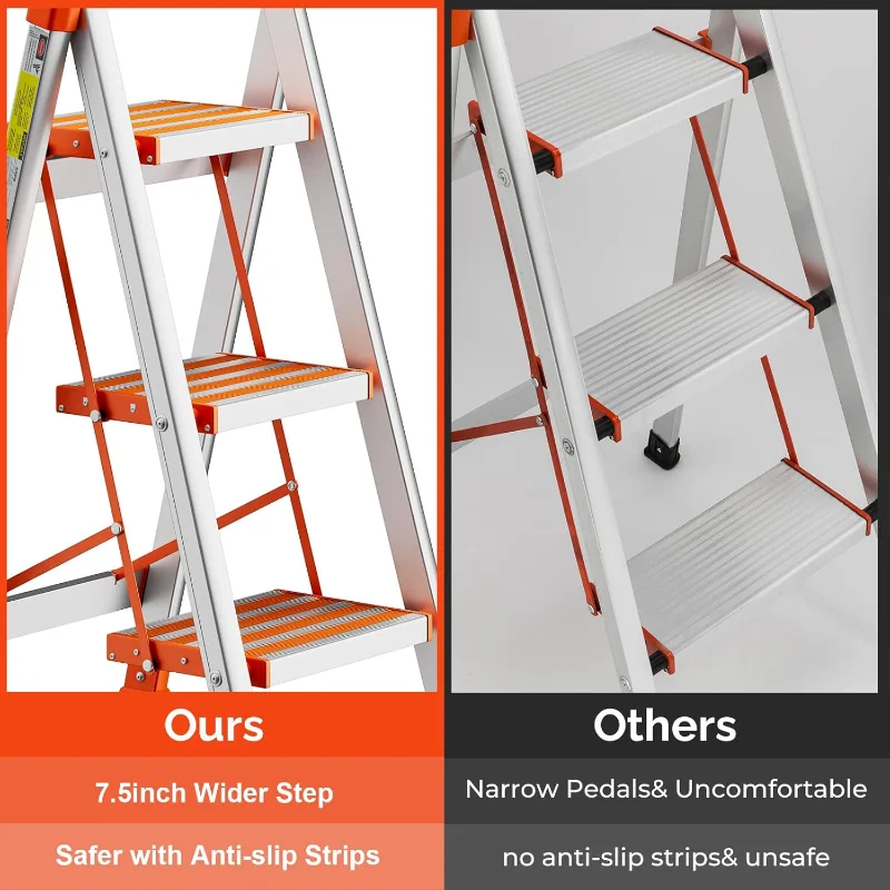 LUISLADDERS 3 Step Stool Aluminum Lightweight Step Ladder Folding Anti-Slip with Rubber Hand Grip 350lbs Capacity Home