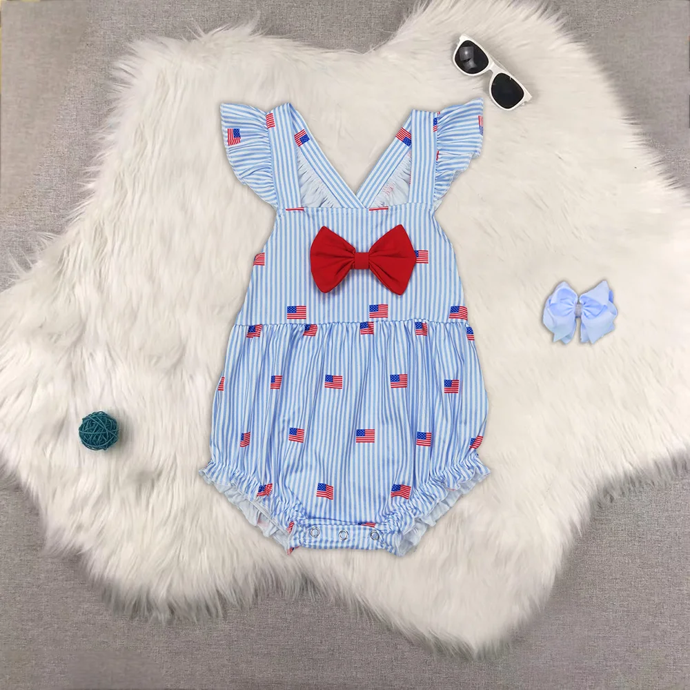 

Baby Infant Girls Blue Stripe Flutter Sleeves Flags Bow Top 4th Of July Rompers