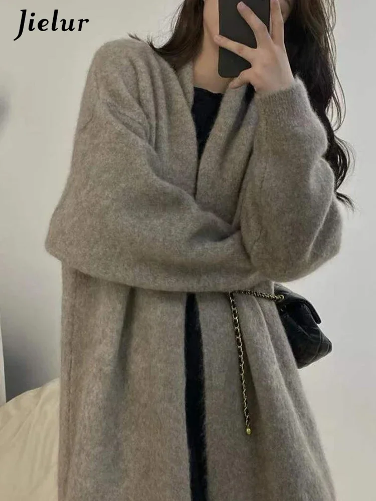 Jielur Autumn New Solid Color Thick Warm Loose Women Cardigan Basic Simple Casual Office Ladies Fashion Knitting Female Cardigan