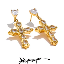Yhpup Shiny Cubic Zirconia Cross Drop Earrings for Women High Quality Stainless Steel Gold Color Classic  Jewelry Waterproof