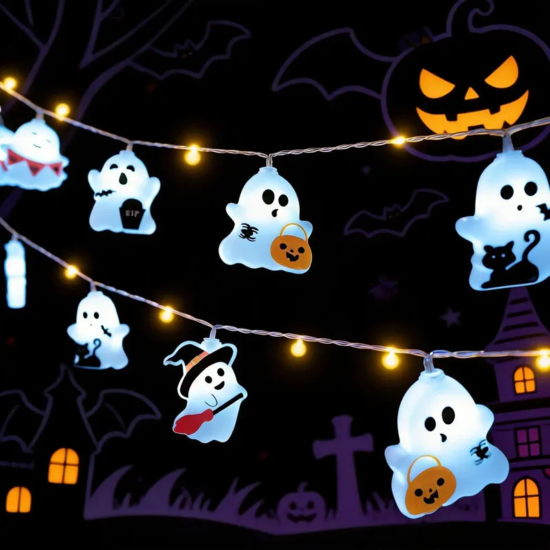 

Halloween Ghost LED String Lights, Cute Fairy Lights with Pumpkin Cat Bat Spider Tombstone Pattern, Battery Operated Spooky