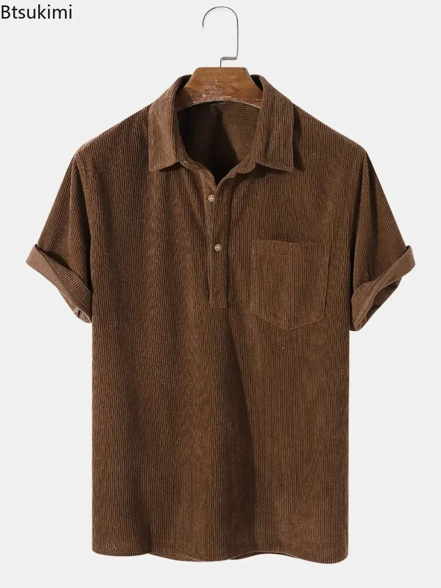 2025 Men's Summer Corduroy Short Sleeve Shirt Top Casual Streetwear Solid Lapel Loose Pullover Retro Simple Tops for Men Tees