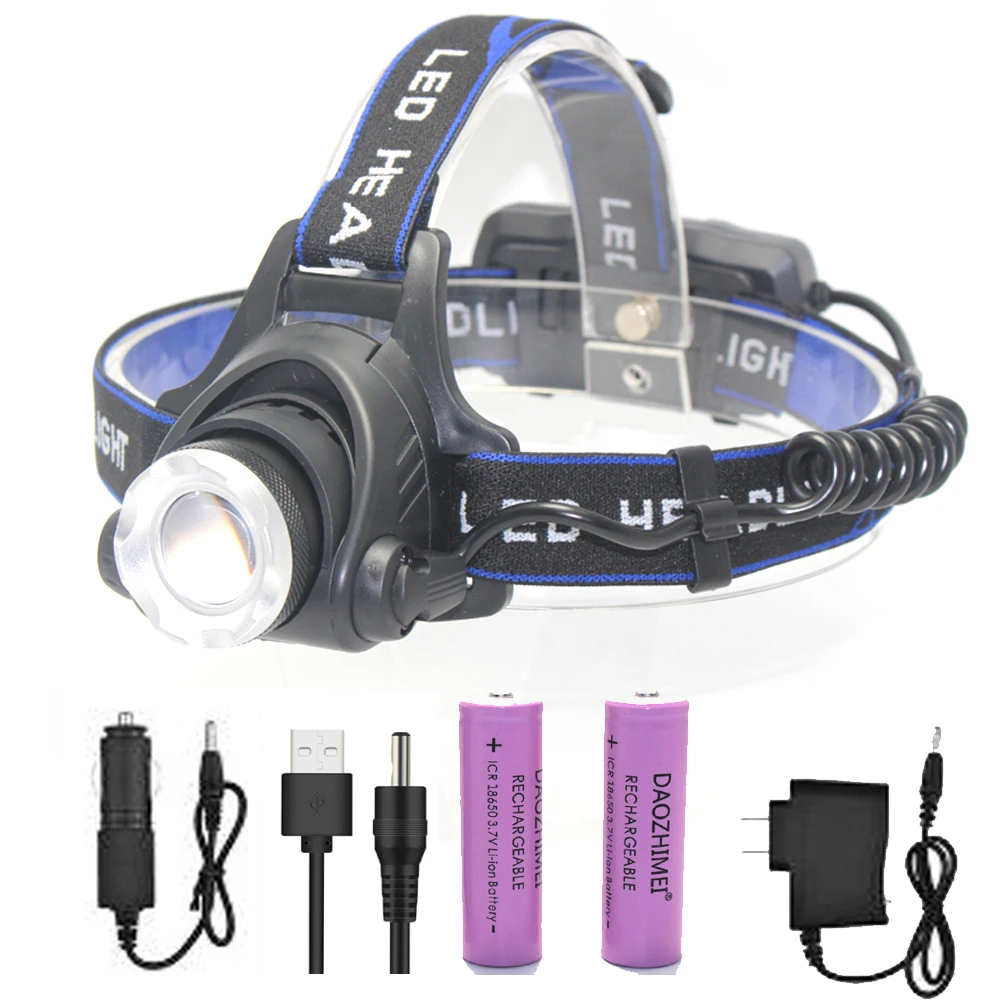 Powerful LED Headlamp L2/T6 Waterproof Fishing Headlight 3-Mode Zoomable Super bright camping light Powered by 2x18650 batteries