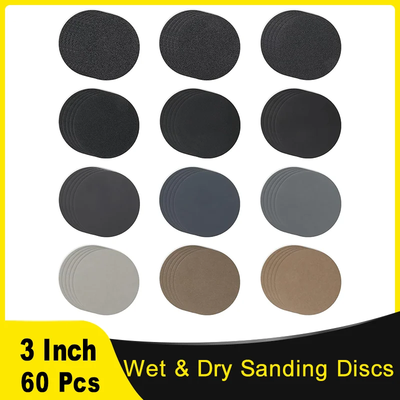 60 Pcs 3 Inch Sanding Discs Hook and Loop, 60-10000 Grit Wet Dry Sandpaper Emery for Random Orbital Sander Metal Glass Wood Car