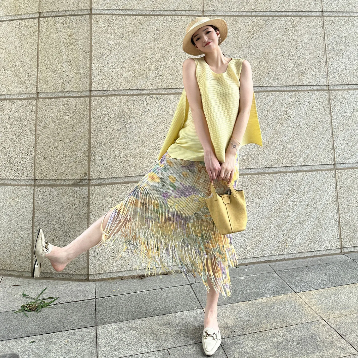 

Miyake Pleated Skirt Set Plisse French Niche Miyake Fold Summer Fluorescent Yellow Pleat Top Floral Fringe Skirt Pleats Set